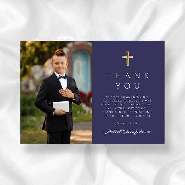 Carte De Remerciements Marine Croix Bleue Boy Photo First Communion (Navy Blue Cross Boy Photo First Communion Thank You Card)