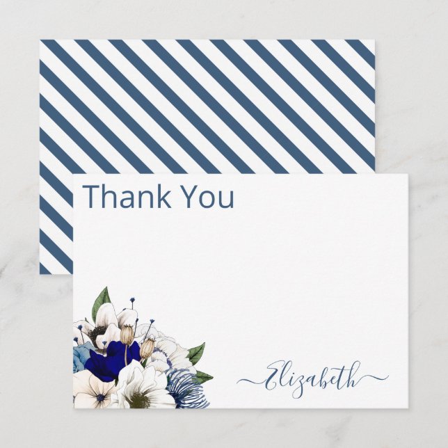 Carte De Remerciements Marine sophistiquée Dusty Blue Floral Personnalisé (Devant / Derrière)