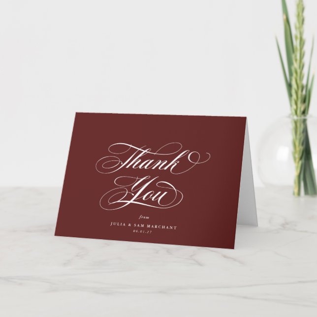 Carte De Remerciements Maroon Elegant Script vierge Mariage (Devant)