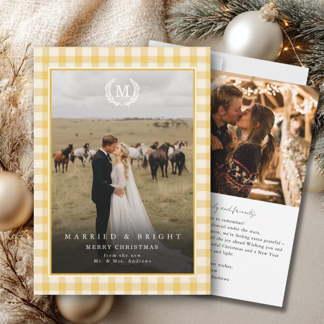 Carte De Remerciements "Married & Bright" Gingham Monogram Crest 2 Photo ("Married & Bright" Gingham Monogram Crest 2 Photo Thank You Card)