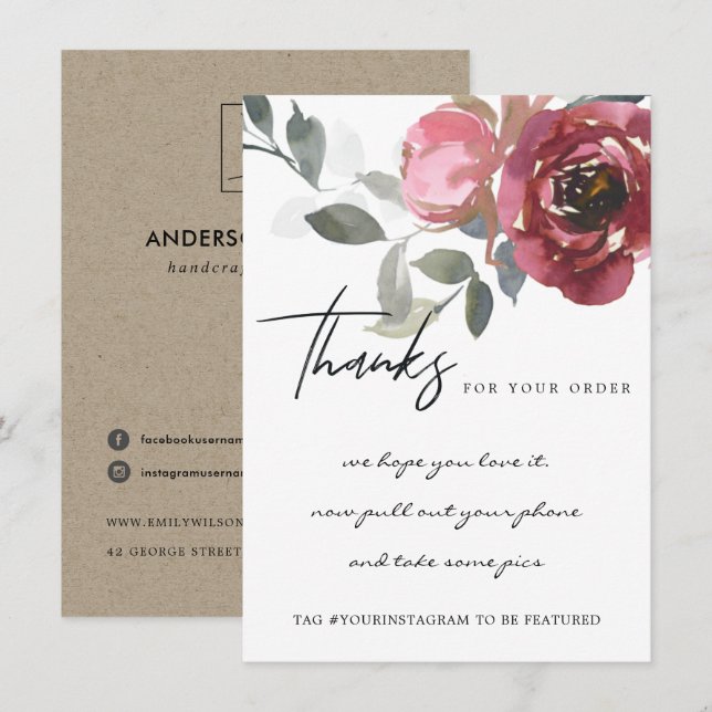 CARTE DE REMERCIEMENTS MARSALA RED ROSE FLORAL ENTREPRISE LOGO (Devant / Derrière)