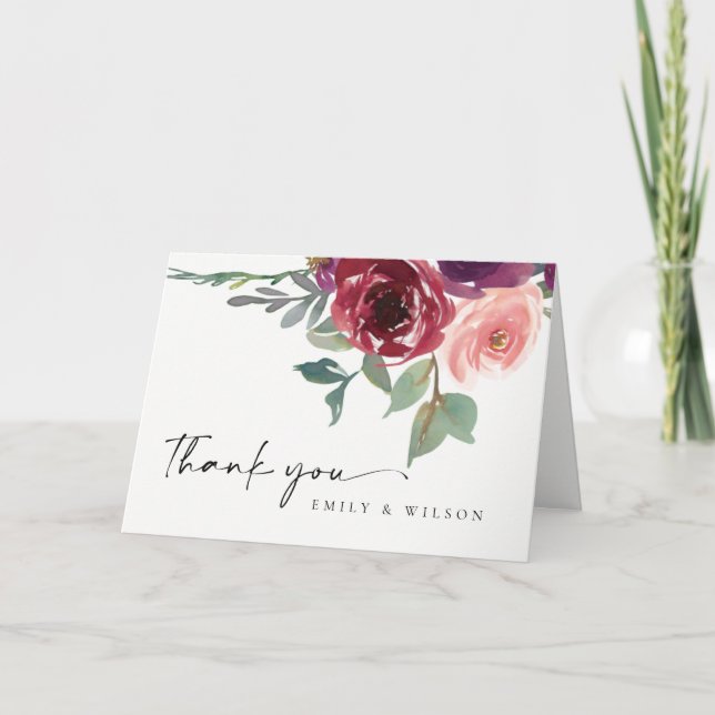 CARTE DE REMERCIEMENTS MARSALA ROUGE ROSE FLORAL ACRÉLÉE MARIAGE (Devant)