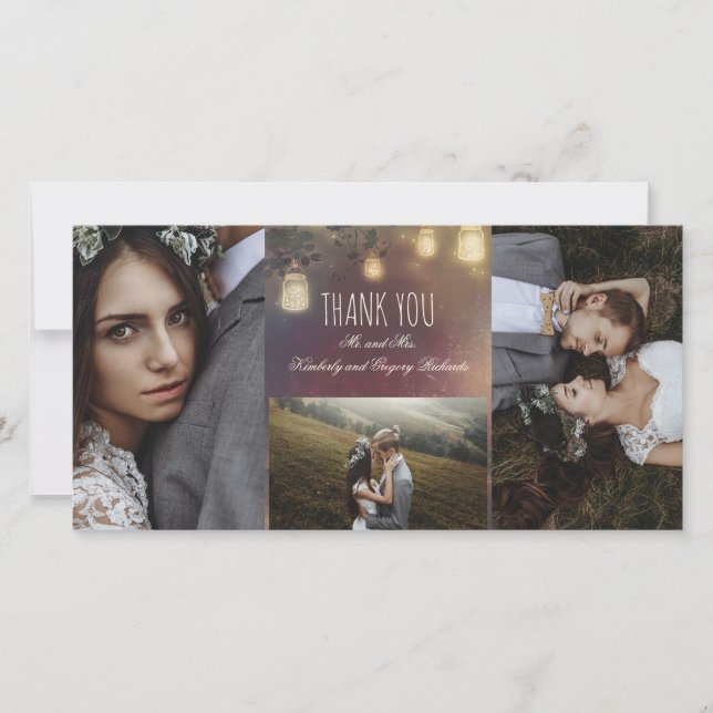 Carte De Remerciements Mason Jar Lights Branches Mariage rustique (Devant)