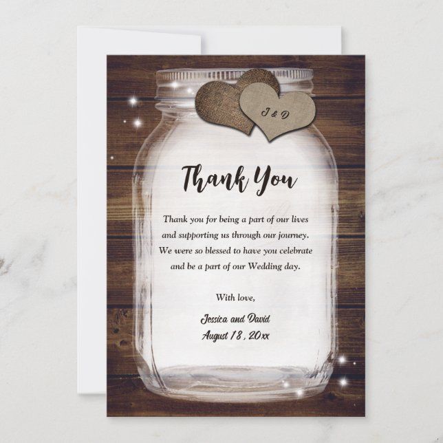 Carte De Remerciements Mason Jar Rustic Country Hearts Bois (Devant)