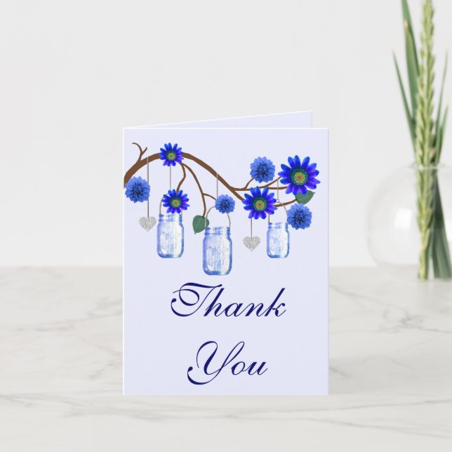 Carte de remerciements Mason Jars aux fleurs bleue (Devant)