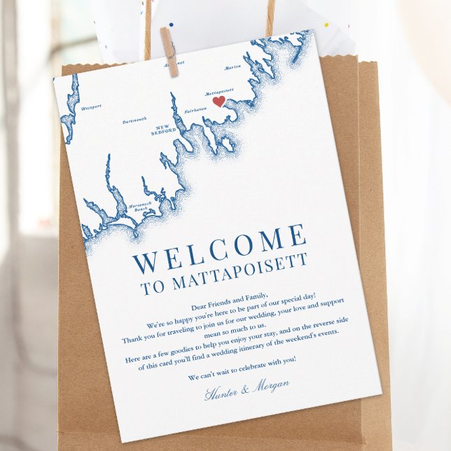 Carte De Remerciements Mattapoisett MA Wedding Welcome Letter Navy Blue (Mattapoisett Wedding Welcome Letter, Weekend Events Itinerary elegant Navy Blue, Coastal Map Designs)