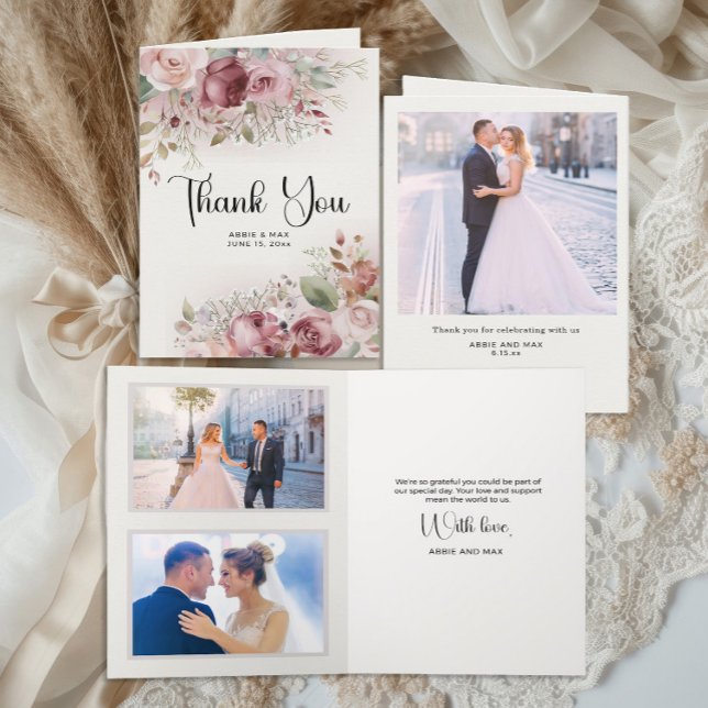 Carte De Remerciements Mauve Blush Floral Mariage 3 Photo (Mauve and rose gold folded wedding photo thank you card)