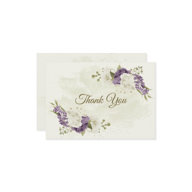 Carte De Remerciements mauve fleurs blanches verdure mariage (Devant/Arrière en situation)