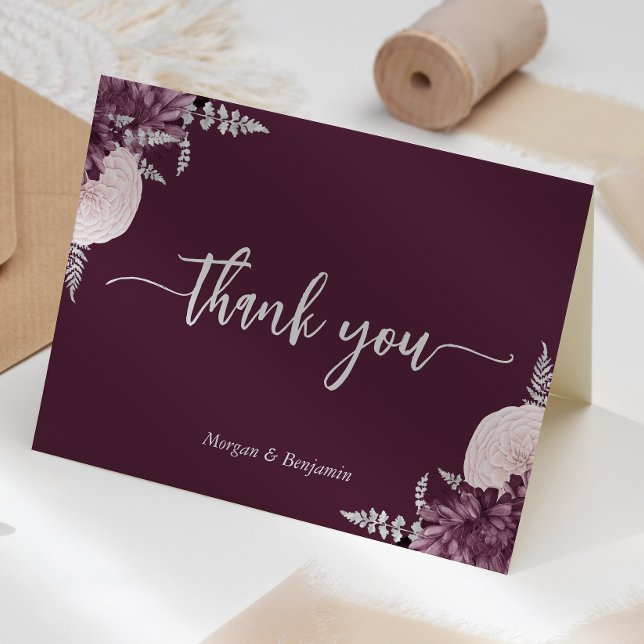 Carte De Remerciements Mauve Silver Floral Script Wedding (Créateur téléchargé)
