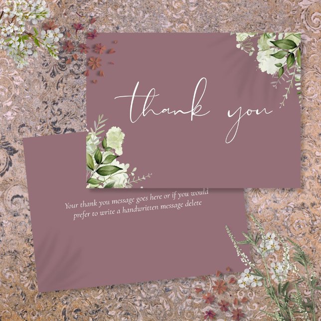 Carte De Remerciements Mauve Verdure Floral Élégant Script (Mauve Greenery Floral Elegant Script Thank You Card)