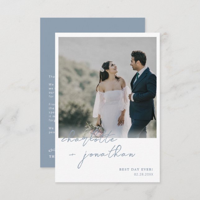 Carte De Remerciements Meilleur Jour Jamais Dusty Blue Script Mariage pho (Devant / Derrière)