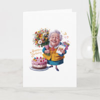 Mémé à vélo avec gâteau et ballons