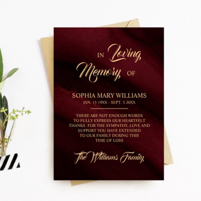 Carte de remerciements mémoire Burgundy & Gold Sym (Créateur téléchargé)