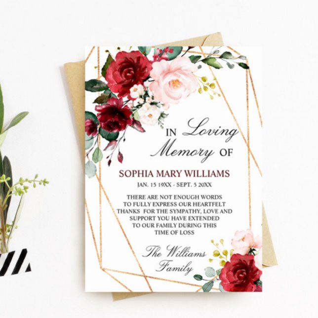 Carte De Remerciements Mémoire de sympathie rose et bordeaux (Créateur téléchargé)