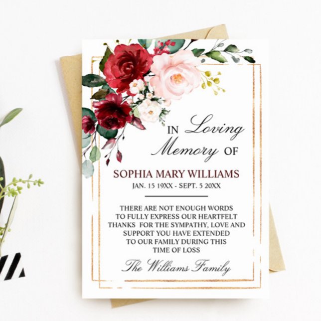 Carte De Remerciements Mémoire de Sympathie Rose Marsala (Créateur téléchargé)