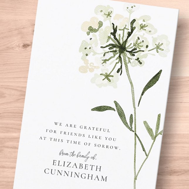 Carte De Remerciements Mémorial Aquarelle Fleur Botaniques Élégant Chic (Créateur téléchargé)