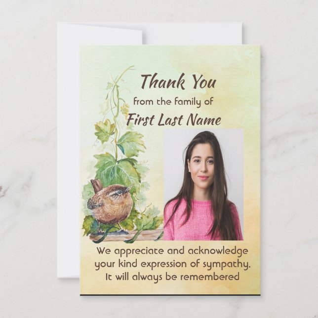 Carte De Remerciements Memorial Custom Cute Wren Bird Thank you (Devant)