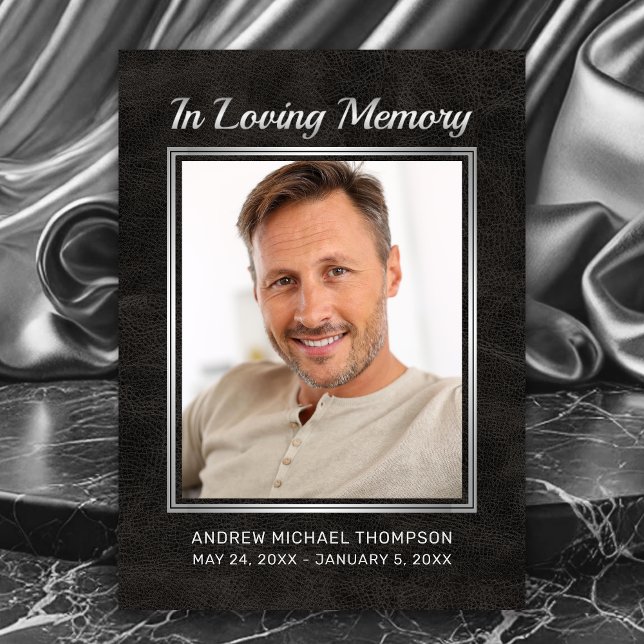 Carte De Remerciements Mémorial en cuir noir avec Sympathie photo argent (In Loving Memory Faux Black Leather Photo Funeral Thank You Card.)