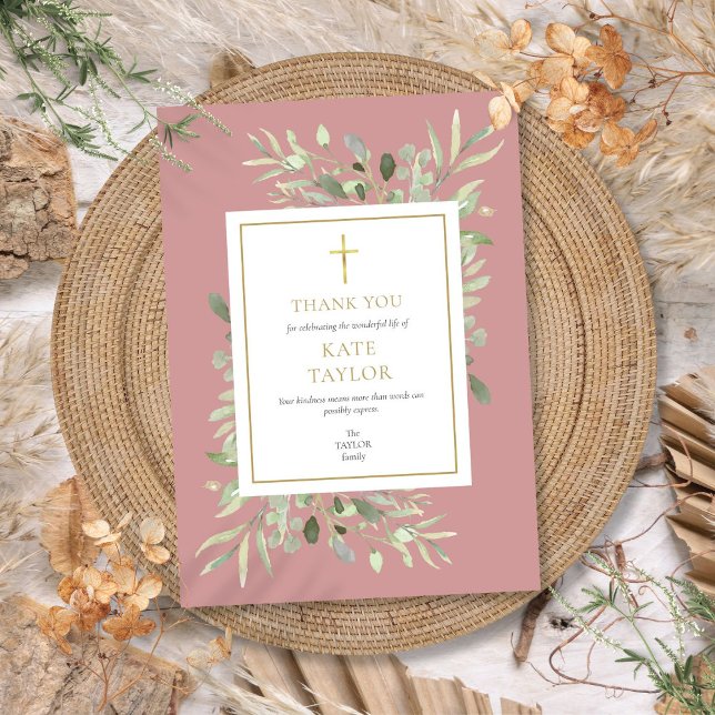 Carte De Remerciements Mémorial funéraire Dusty Rose Greenery (Dusty Rose Greenery Funeral Memorial Thank You Card)