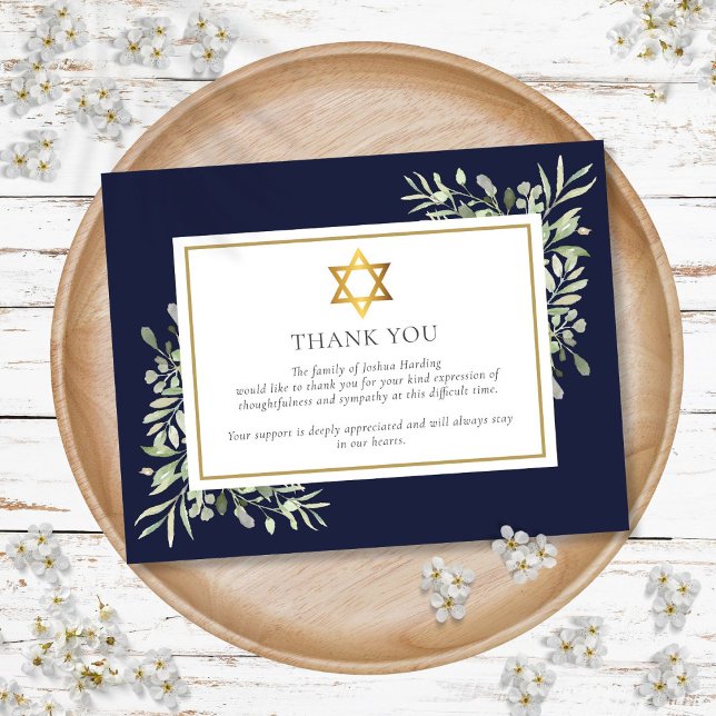 Carte De Remerciements Mémorial funéraire juif Folithe Or Star De David (Jewish Funeral Memorial Foliage Gold Star Of David Thank You Card)