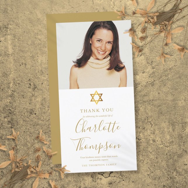 Carte De Remerciements Memorial Funeral Gold Jewish Star of David Photo (Memorial Funeral Gold Jewish Star of David Photo Thank You Card)