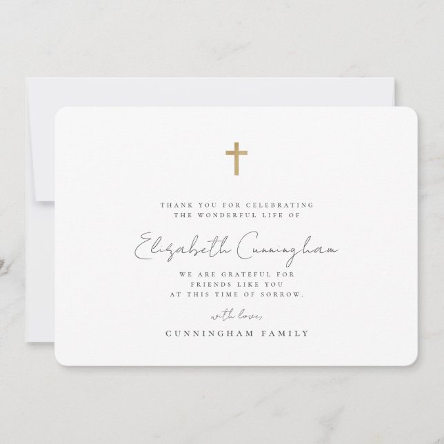 Carte De Remerciements Memorial Funeral Modern Faux Gold Cross (Devant)
