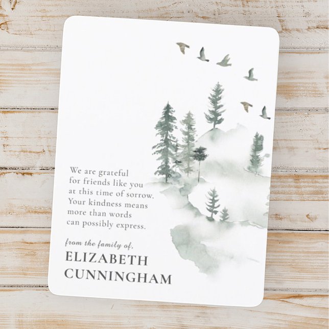 Carte De Remerciements Mémorial Simple aquarelle verte Forêt de pins (Créateur téléchargé)