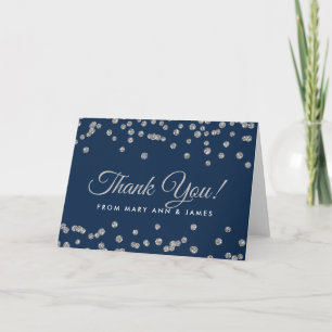 Carte De Remerciements "Merci" Confettis Faux Pailletés Argent Bleu Marin