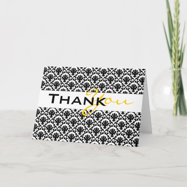 Carte De Remerciements "merci" noir jaune damassé mariage (Devant)