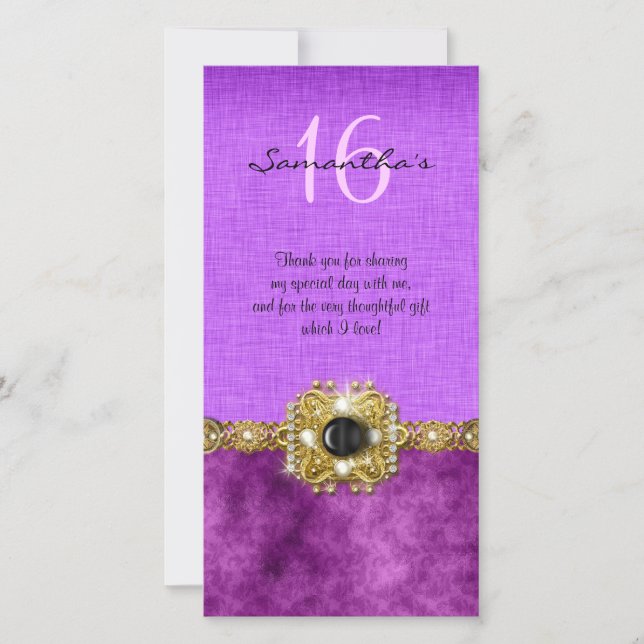 Carte De Remerciements "merci" "sweet sixteen" perles noires roses (Devant)