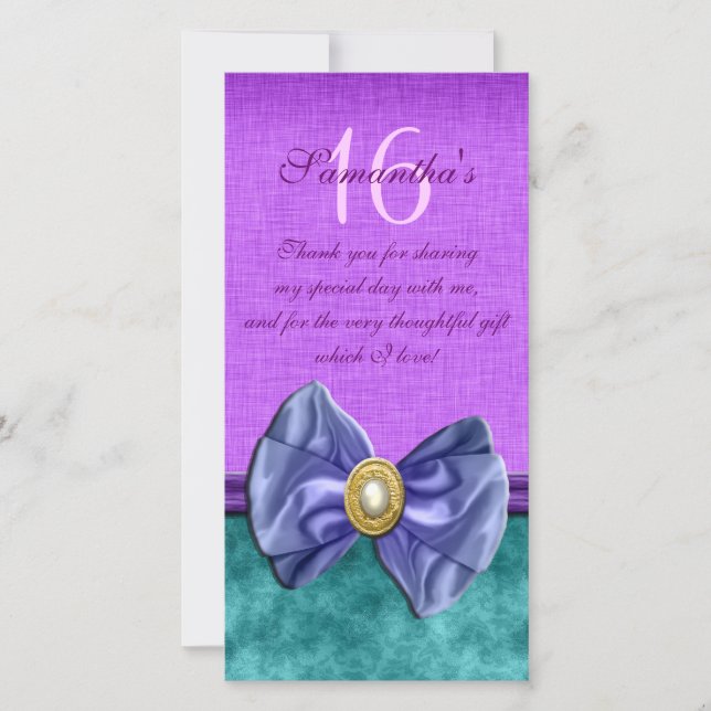 Carte De Remerciements "merci" "sweet sixteen" perles noires roses (Devant)