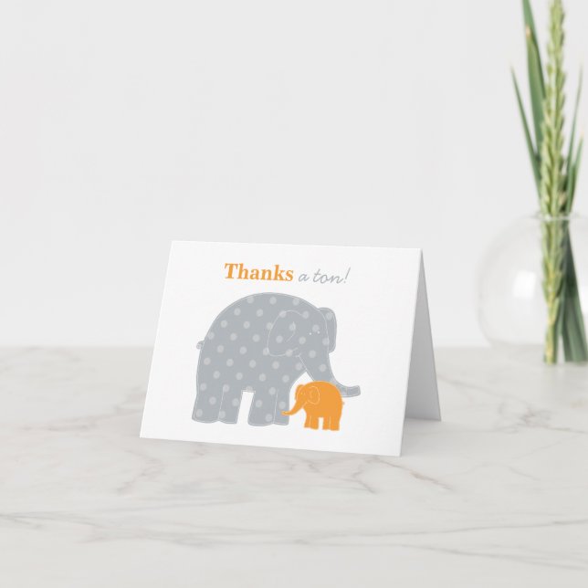 Carte De Remerciements Mère Bébé Éléphant Orange Gris Plié (Devant)