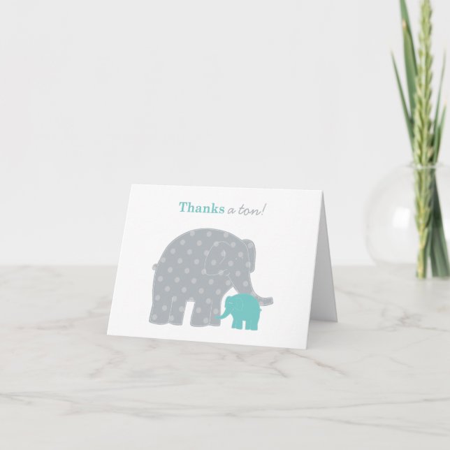 Carte De Remerciements Mère bébé éléphant sarcelle gris plié (Devant)