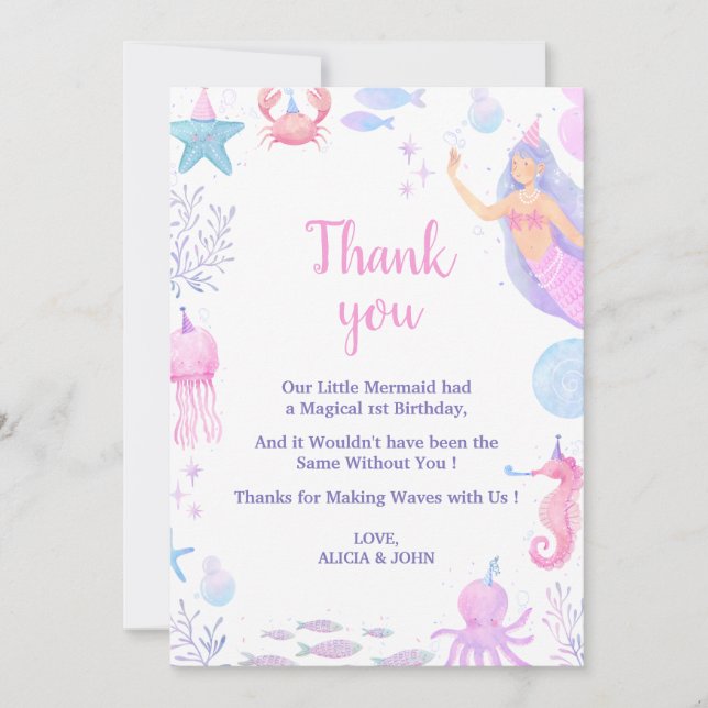 Carte De Remerciements Mermaid Ocean Birthday Girl 1er anniversaire Sea L (Devant)