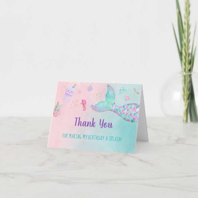 Carte De Remerciements Mermaid Pink Gold Sous La Mer Anniversaire (Devant)