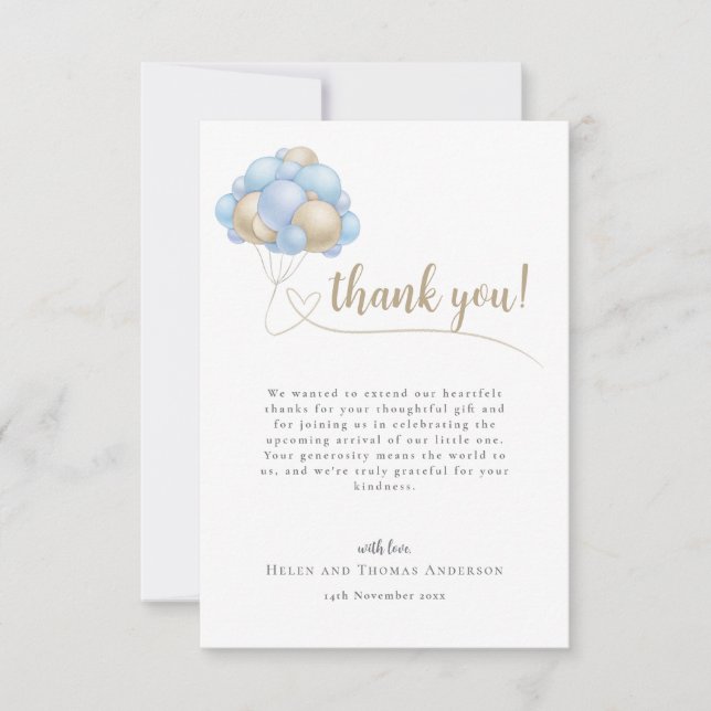 Carte De Remerciements Message mignon Baby shower Bleu Ballons (Devant)