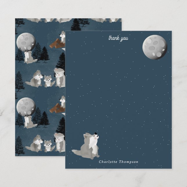 Carte De Remerciements Meute de loups mignons ciel nocturne bois lune enf (Devant / Derrière)