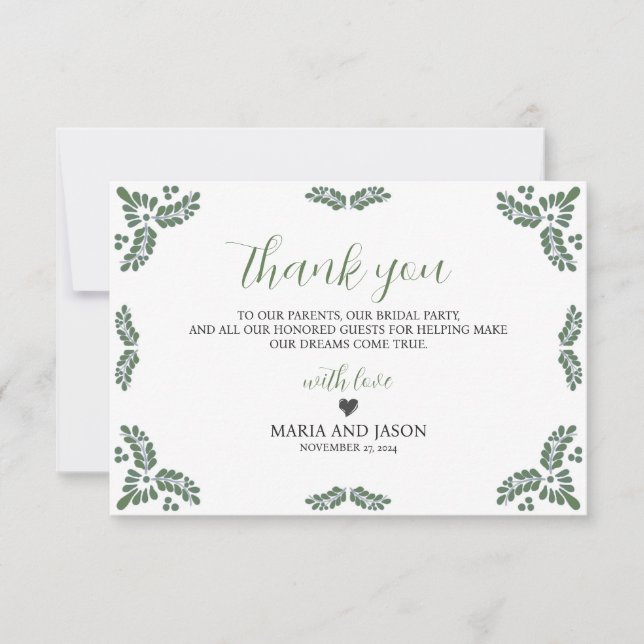 Carte De Remerciements Mexican Talavera Green Floral Minimalist Wedding (Devant)