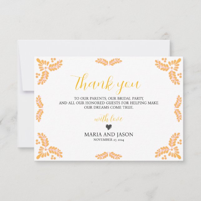 Carte De Remerciements Mexican Talavera Yellow Floral Minimalist Wedding (Devant)