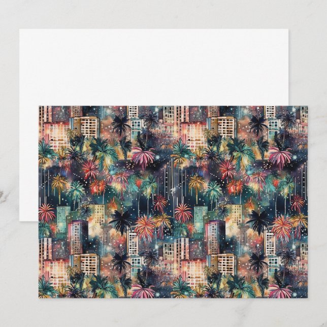 Carte De Remerciements Miami à Noël & Nouvel An en aquarelles (Devant / Derrière)