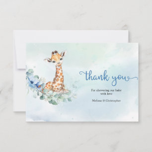 Carte De Remerciements Mignon bébé girafe mâle fleurs bleues eucalyptus