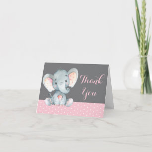 Carte De Remerciements Mignon Éléphant Bébé Fille Rose et Gris