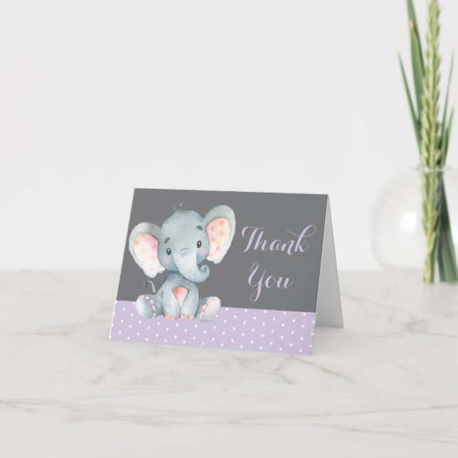 Carte De Remerciements Mignon Éléphant Bébé Fille Violet et Gris (Devant)