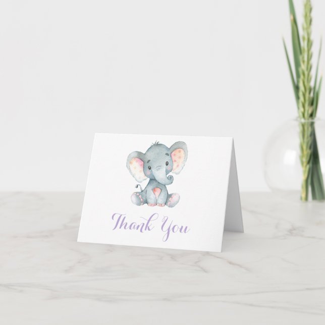 Carte De Remerciements Mignon Éléphant Bébé Fille Violet et Gris (Devant)