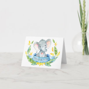 Carte De Remerciements Mignon Éléphant Bébé Garçon Bleu et Gris