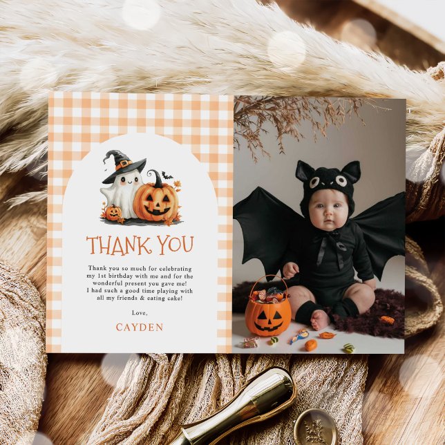 Carte De Remerciements Mignon En vichy Halloween Ghost 1er Anniversaire P (Créateur téléchargé)