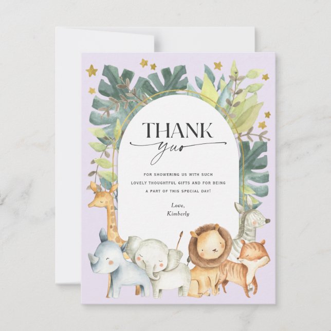 Carte De Remerciements mignon forêt de jungle baby shower pourpre (Devant)
