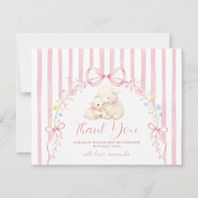 Carte De Remerciements Mignon petit agneau Baby shower Ruban rose Gingham (Devant)