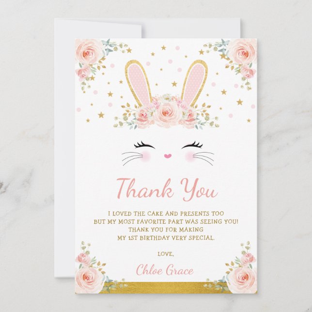 Carte De Remerciements Mignon rougissent l'anniversaire rose de lapin de (Devant)