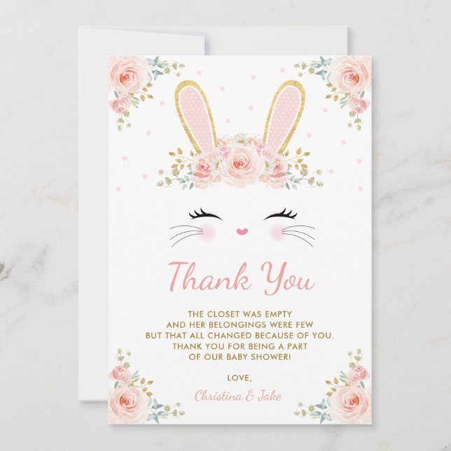 Carte De Remerciements Mignon rougissent le baby shower rose de lapin (Devant)
